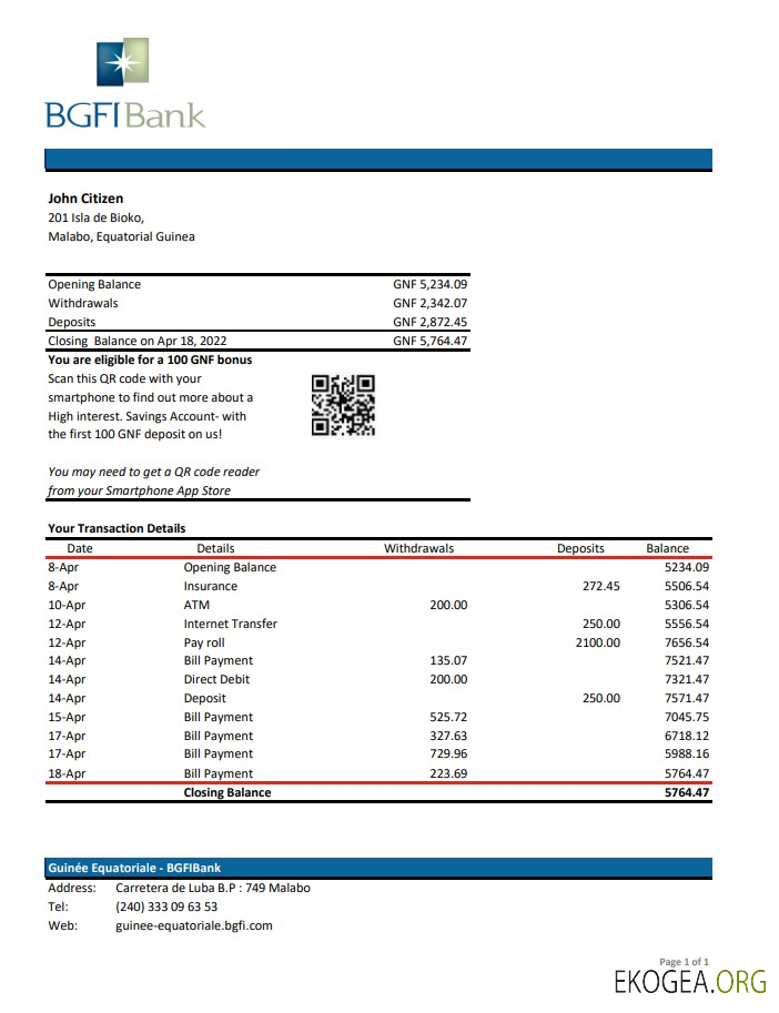Relevé bancaire BGFI de Guinée équatoriale xls